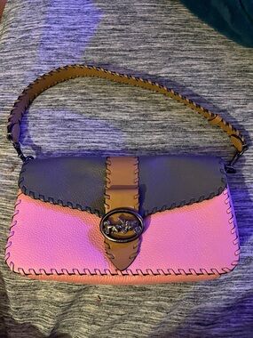 Coach Two-Tone Pink, Charcoal and Tan Leather Shoulder Bag